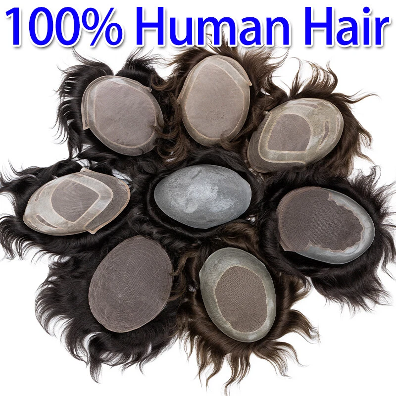 Men Toupee 100% Remy Human Hair Pieces Durable System Full Lace Base Hairpiece - Image 3 of 4