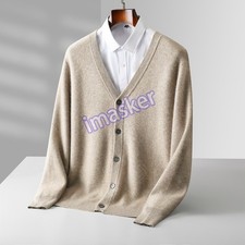 Winter 100 Wool Thick Mens V-neck Cardigan Jacket Sweater Knitted Cashmere Top