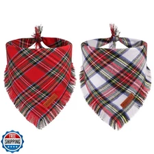 PTDECOR Christmas Dog Bandanas with Tassels Edges, Stylish Red White Plaid Sc
