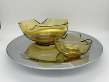 Anchor Hocking Honey Gold Amber Glass Chip and Dip Set MCM Vintage 2 Piece