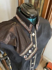 Western Black Copper Stretch Taffeta Hidden Zipper Retro Horse Show Day Shirt