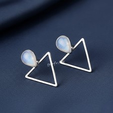Sterling Silver Moonstone Ear Jackets, Geometric Teardrop Boho Earrings