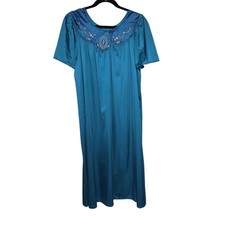 Vintage Lorraine Nightgown Blue Satin Embroidered Sz 1X Antron Nylon NEVER WORN