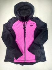 FILA SPORT Women's Quilted Full Zip Hoodie Jacket Black Hot Pink Fleece Lined M