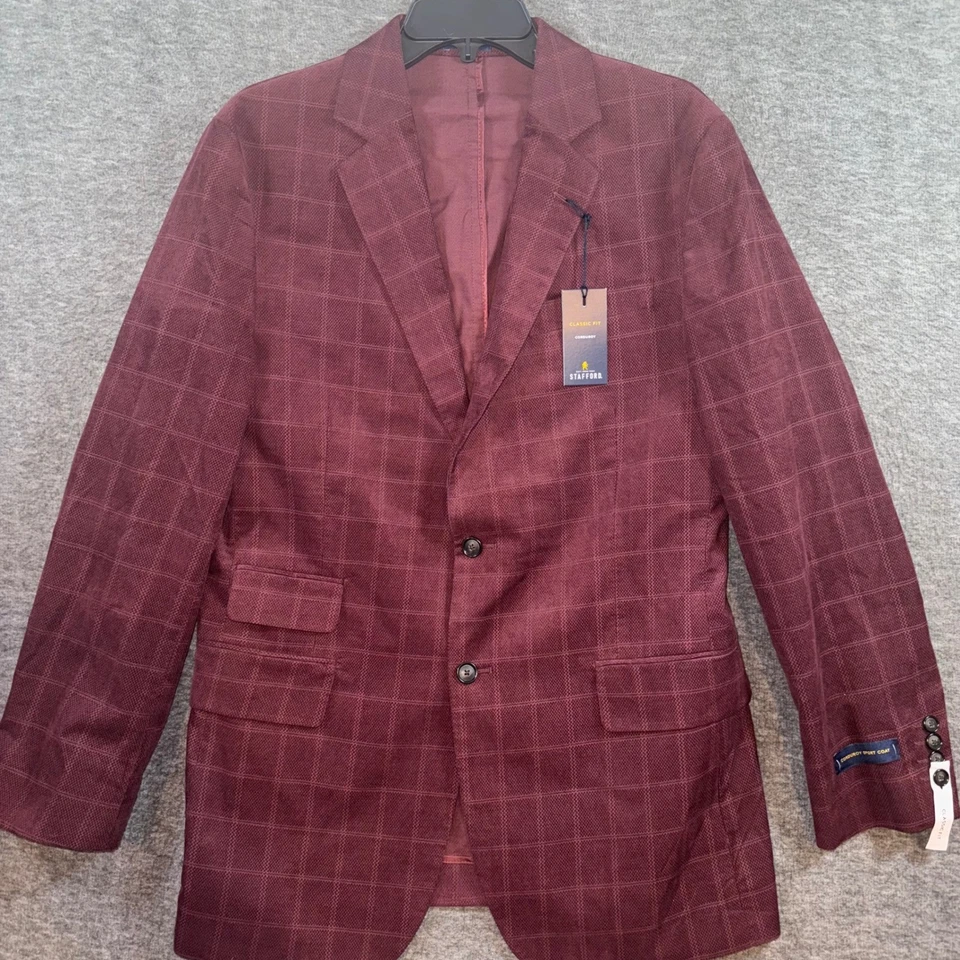 Stafford Mens Burgundy Check Corduroy Sport Coat Blazer Classic Fit 44S NEW - Image 2 of 4