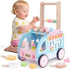Wooden Baby Walker with Wheels Toddler Play Store Ice Cream Toy Baby Activity Ce