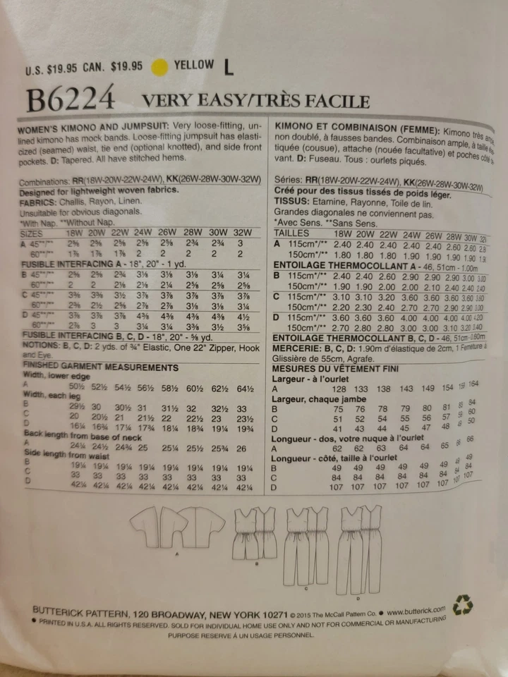 UNCUT Butterick B6224 Sewing Pattern Kimono Jumpsuit Plus Size 26-32 - Image 2 of 2