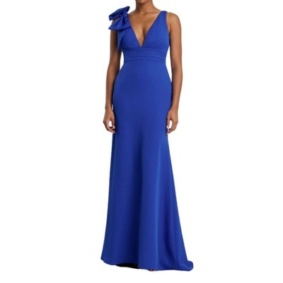 Mac Duggal Dark Blue Sleeveless V Neck Bow Detail Mermaid Gown 49454 Sz 6