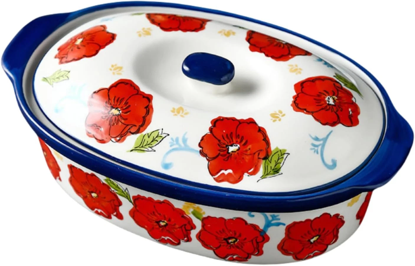 Floral Ceramic Casserole Dish with Lid – 40Oz Oval Baking Dish, Oven-Safe Stonew