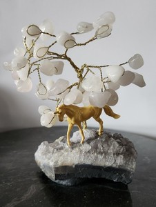 Brazilian Rose Quartz Gemstone Tree & Unicorn on Amethyst Cluster Crystal Decor