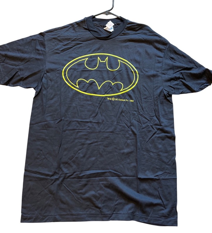 Batman black t shirt XL neon yellow outline of 1964 logo NWT 1980s vintage