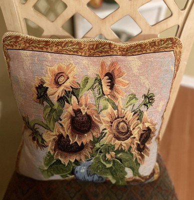 Reversible Tapestry Throw Pillow Bird & Sunflowers 16x16 Cottagecore