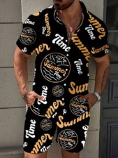 Men's Tropical Hawaiian Shirt And Shorts Two-piece Set, Casual Short-sleeved Bea