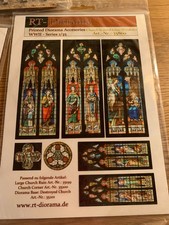 Printed diorama stained glass windows, religious paintings, lasercut pews x2