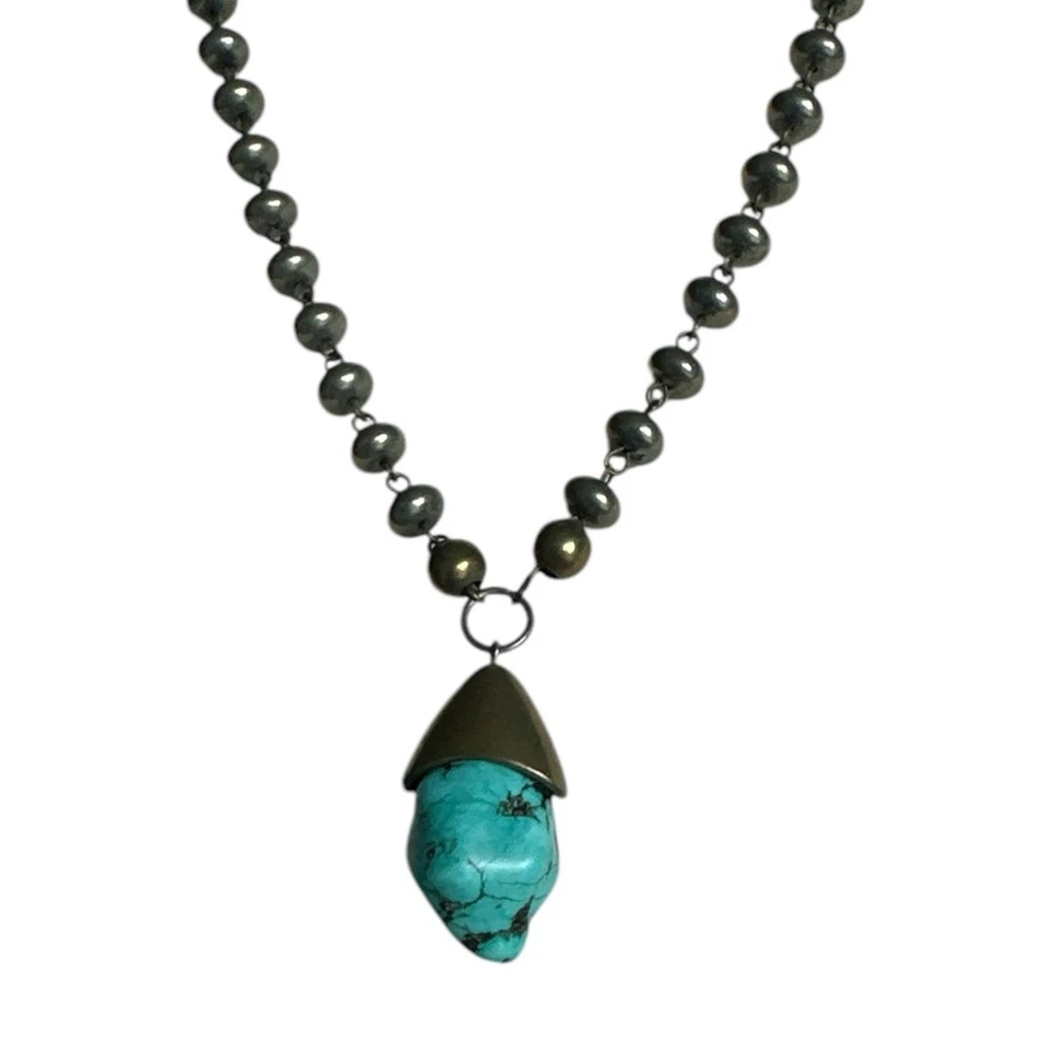 Long Beaded Lariat Necklace Pewter Tone Chain Turquoise Blue Pendant Statement - Image 3 of 3