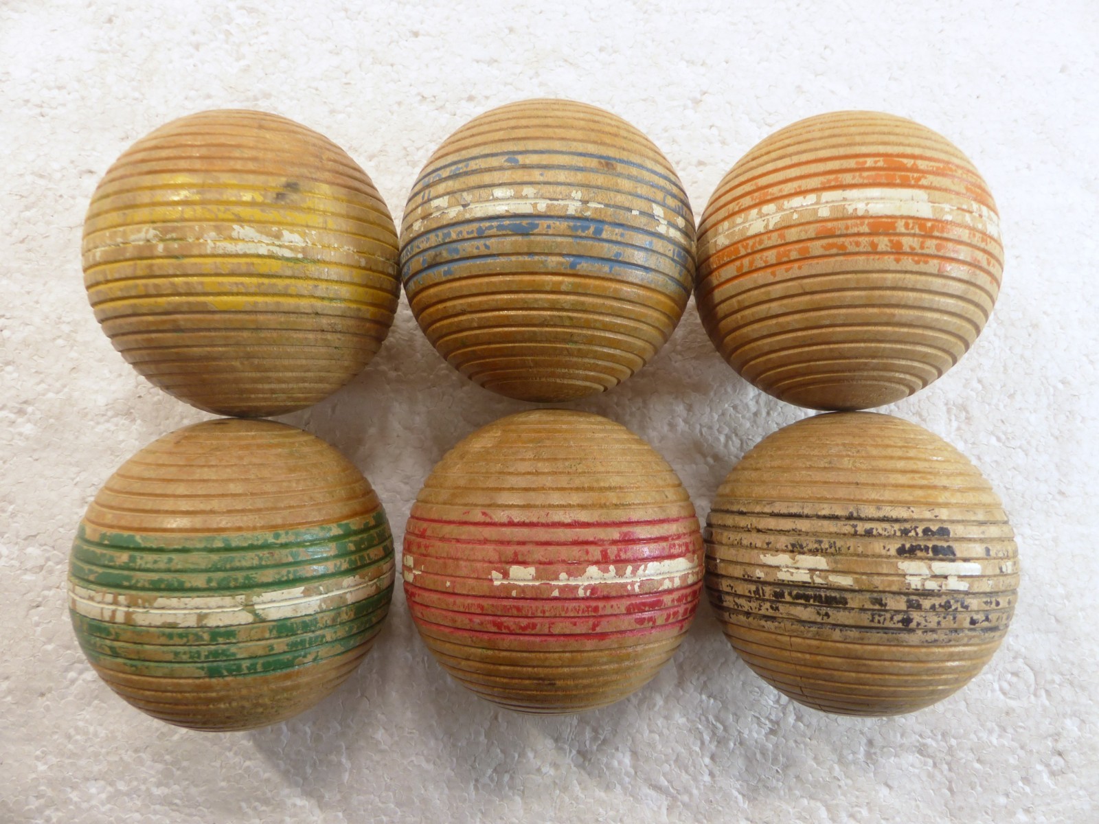 Full Set of 6 Vintage 1950s Ribbed Striped Primitive Rustic Wooden Croquet Balls