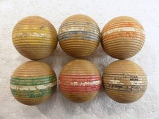 Full Set of 6 Vintage 1950s Ribbed Striped Primitive Rustic Wooden Croquet Balls