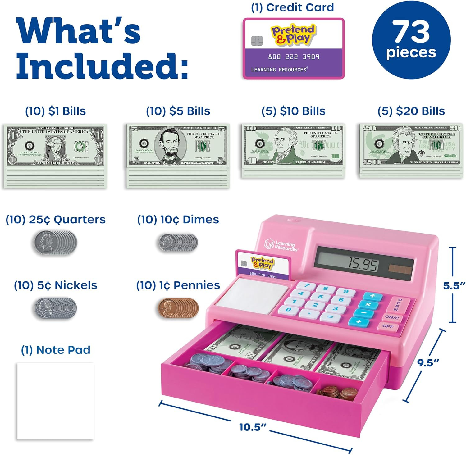 как выглядит Learning Resources Pretend Play Calculator Cash Register Pink - 73 Pieces, Age фото
