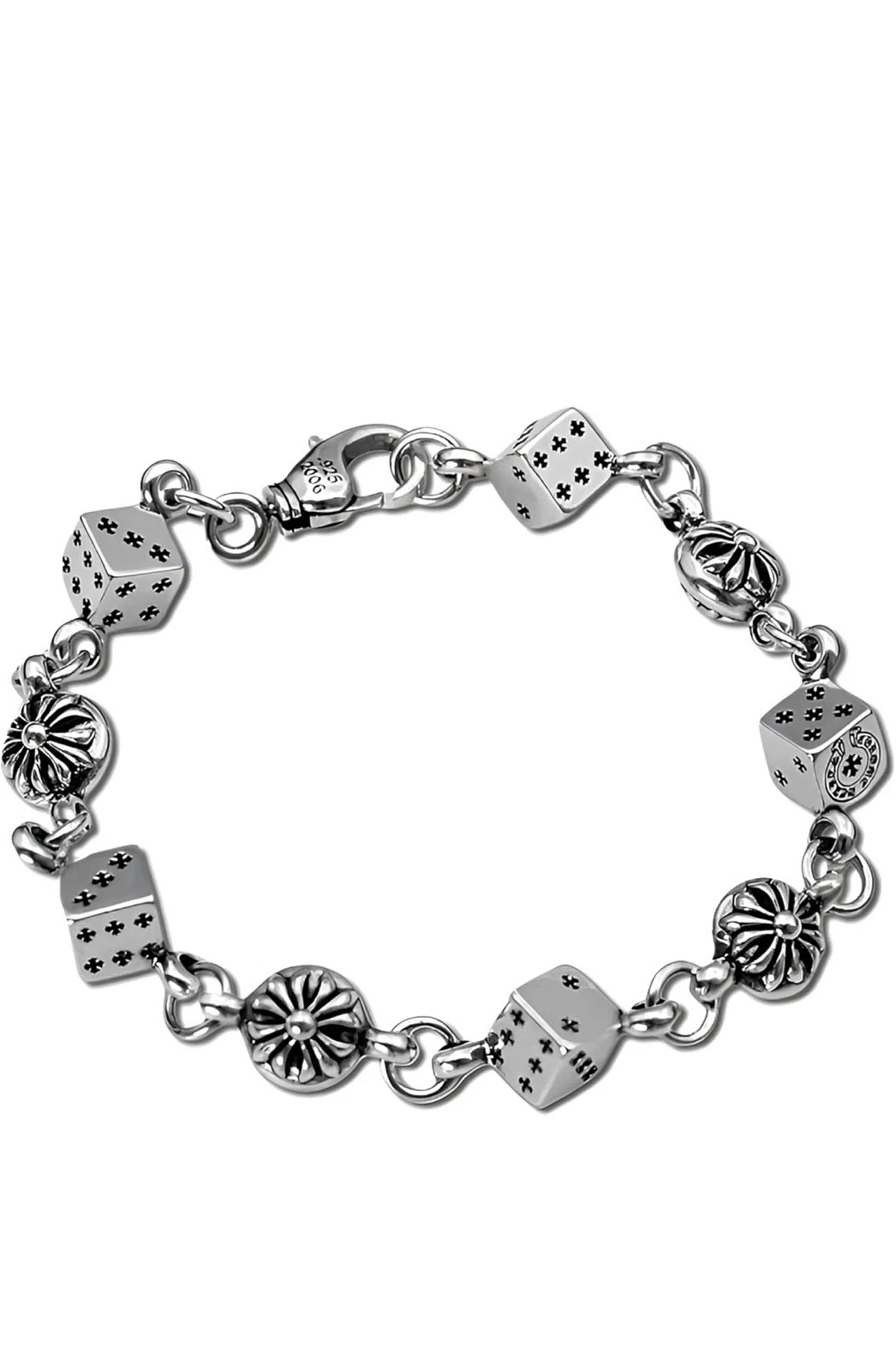 CHROME HEARTS Bracciale Cuori Cromati Dadi e Croce Sfera Lungo 8 6”