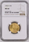 1903-S $5 Liberty Head Gold Coin NGC MS 66 – Rare Top Pop only 9 higher!