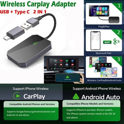  2in1 Wireless Apple Carplay Android Auto Adapter Box Plug&Play USB Dongle 2026
