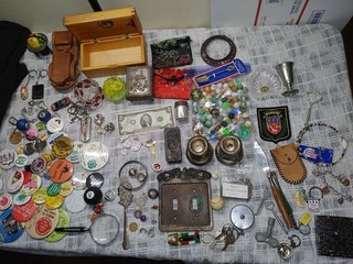 Junk Drawer Lot Jewelry Pins Vintage Coins Key Chains Wood Box Marbles Ect