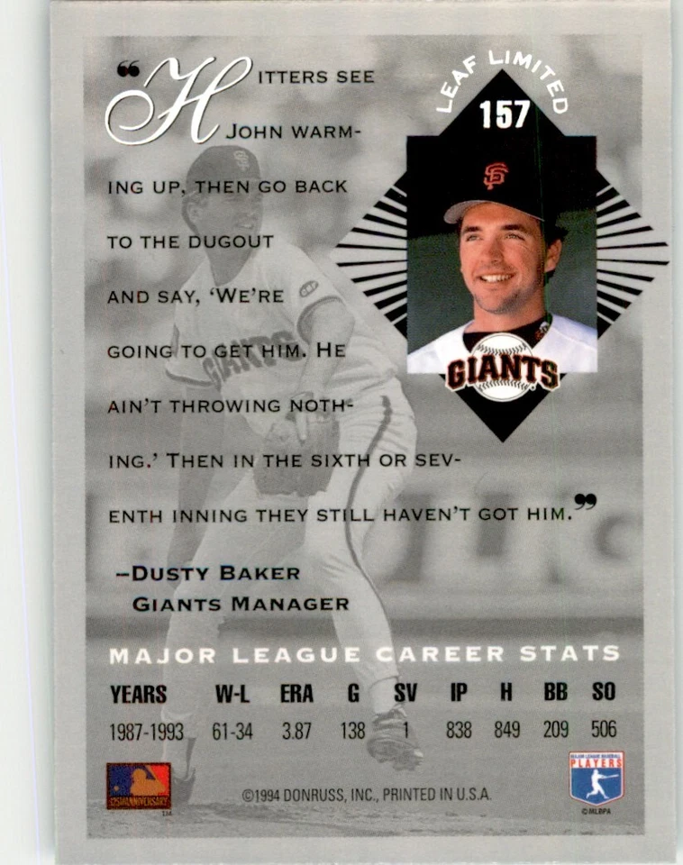 1994 LEAF LIMITED JOHN BURKETT SAN FRANCISCO GIANTS #157 - Image 2 of 2