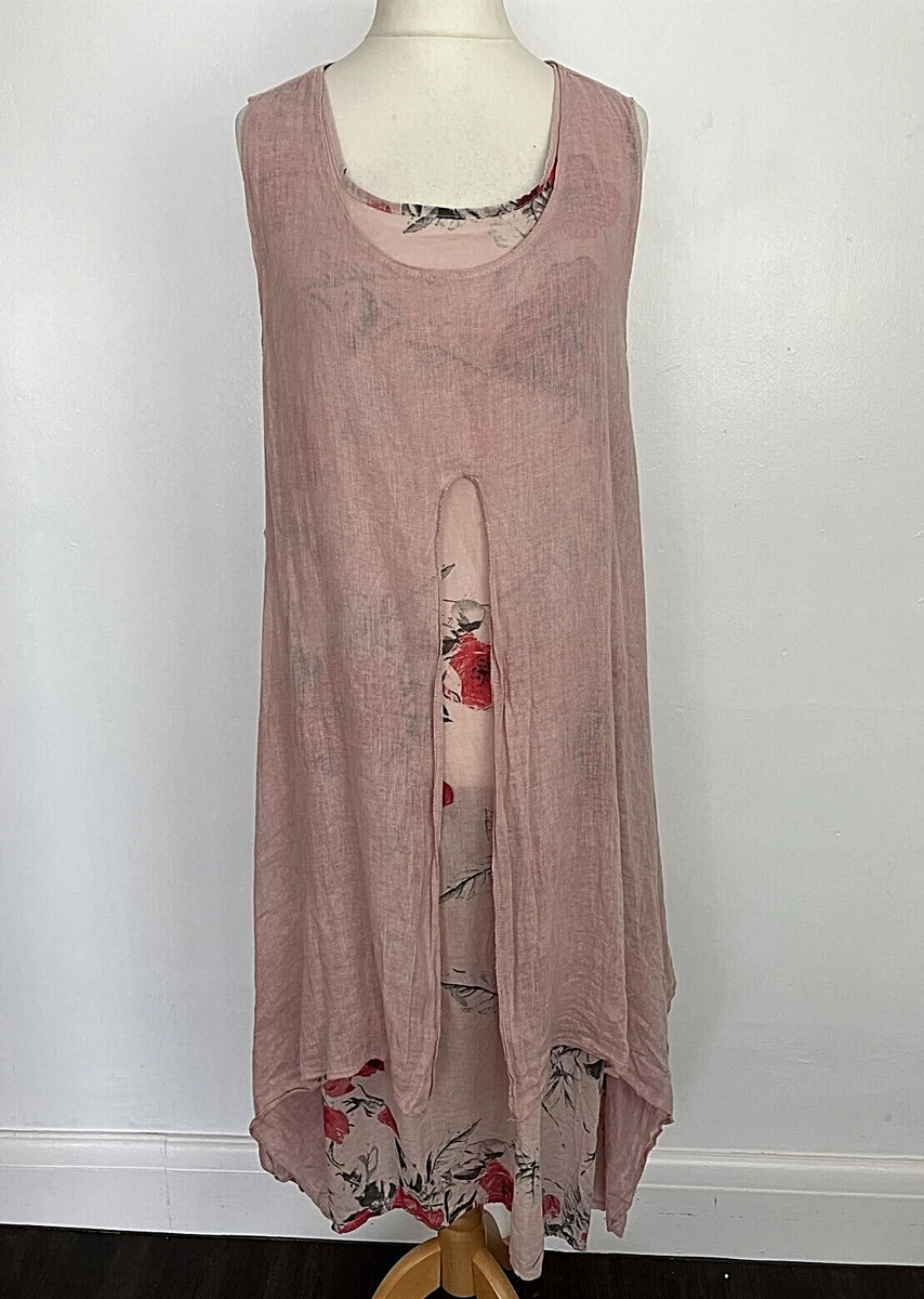 Gianni Moda Italian Pink Flax Linen Lagenlook 2 Piece Midi Dress Tunic Size 14
