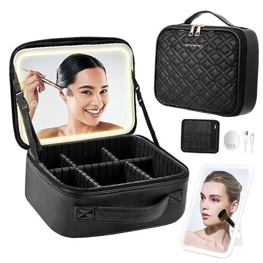 Travel Makeup Bag with Mirror of LED Lighted, Makeup Train Case with Black