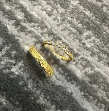 Ring Set CZ Stackable Sz 6 Eternity Band Gold Plated Engraved Flowers 2 pcs New