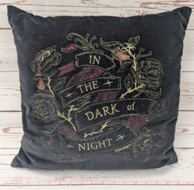 Gothic Vampire Rose Black Velvet Pillow In The Dark of Night Embroidered Square