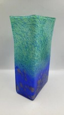 Vintage Studio Art Glass Vase Hand Blown Blue Green Heavy 11.75" Tall