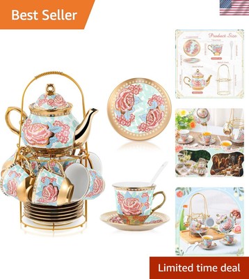 Exquisite 20-Piece European Porcelain Tea Party Set with Beautiful Metal Shelf