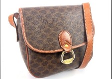 Celine Macadam Brown PVC Leather Shoulder Bag Gold Buckle Women 16cm 6.3in