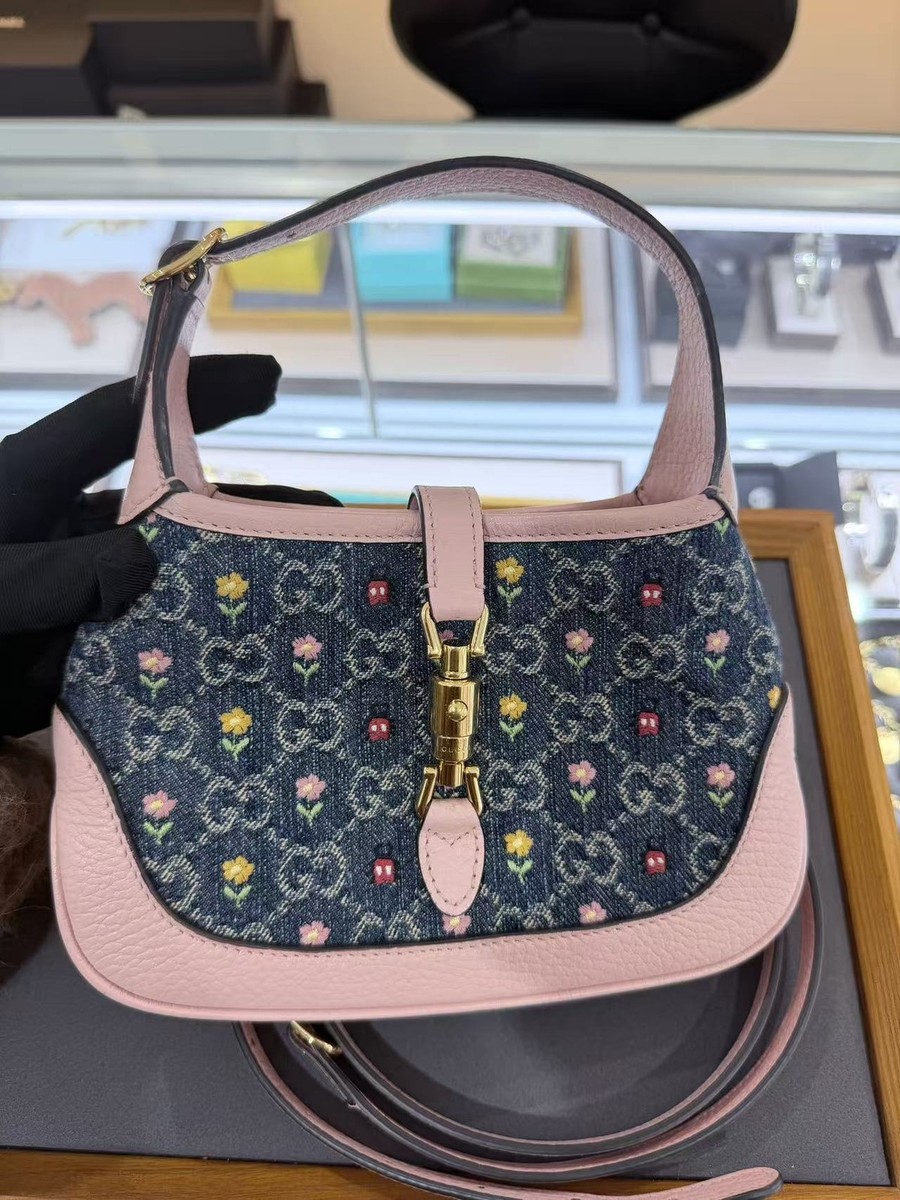 GUCCI花柄バック Gucci Jackie 1961 Mini Hobo Bag Denim GG Floral Embroidery Gold