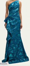 Rickie Freeman by Teri Jon Women's Teal Metallic One-Shoulder Gown Dress Size 6