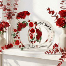 Personalised Engagement Rings Acrylic Plaque Red Flowers – Custom Names & Date