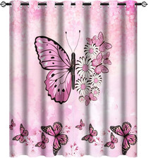 Pink Fantasy Butterfly and Flowers Blackout Curtains for Bedroom,Abstract Modern