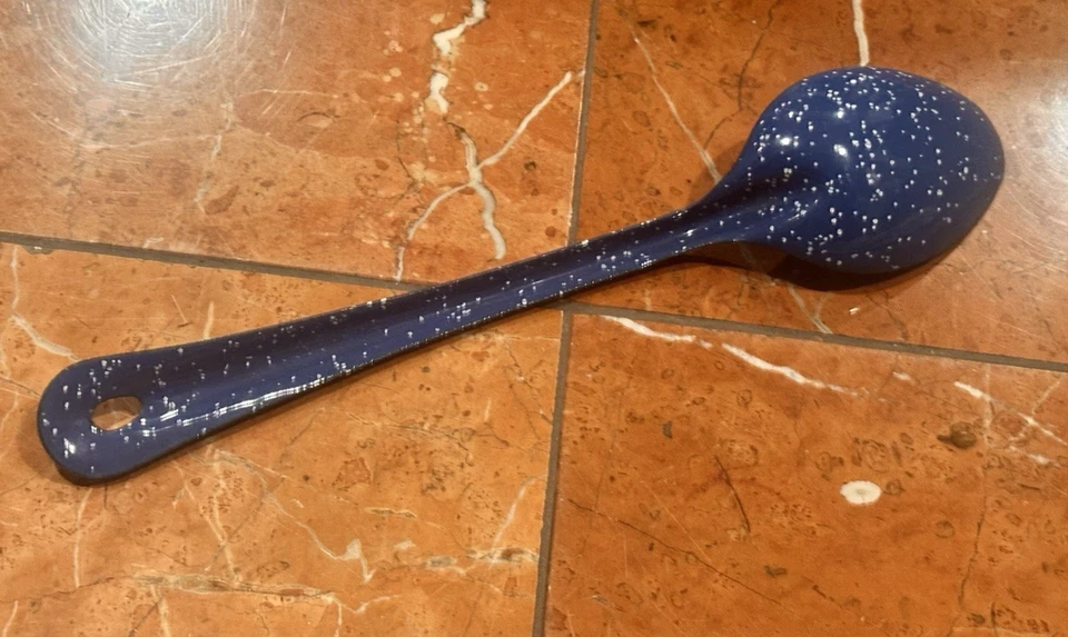 BLUE & WHITE SPECKLED GRANITE ENAMELWARE 11.5" L SERVING SPOON FARMHOUSE EUC - Image 2 of 4
