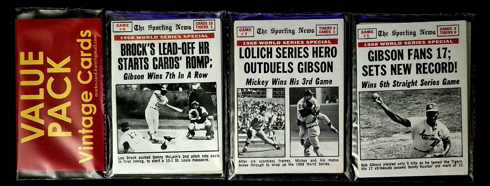 1969 Baseball Rack Pack 15 Topps Cards. GIBSON. LOLICH. BROCK. THE SPORTING NEWS