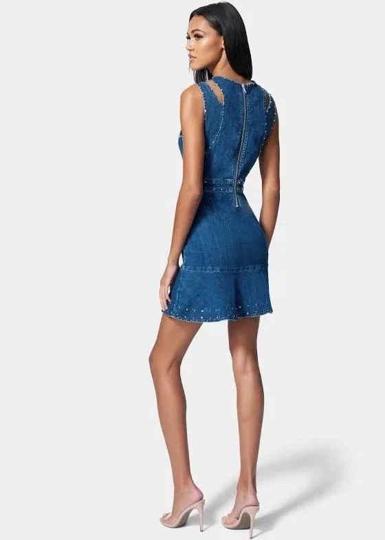 Vestido Western Mini Denim Bebe cravejado tamanho 10 festa country coquetel tamanho 10 novo com etiquetas - Imagem 2 de 4