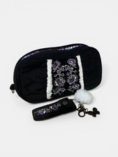 Image of Anna Sui Cosmetic Pouch Set Black Purple Floral Embroidery Butterfly Charm NEW