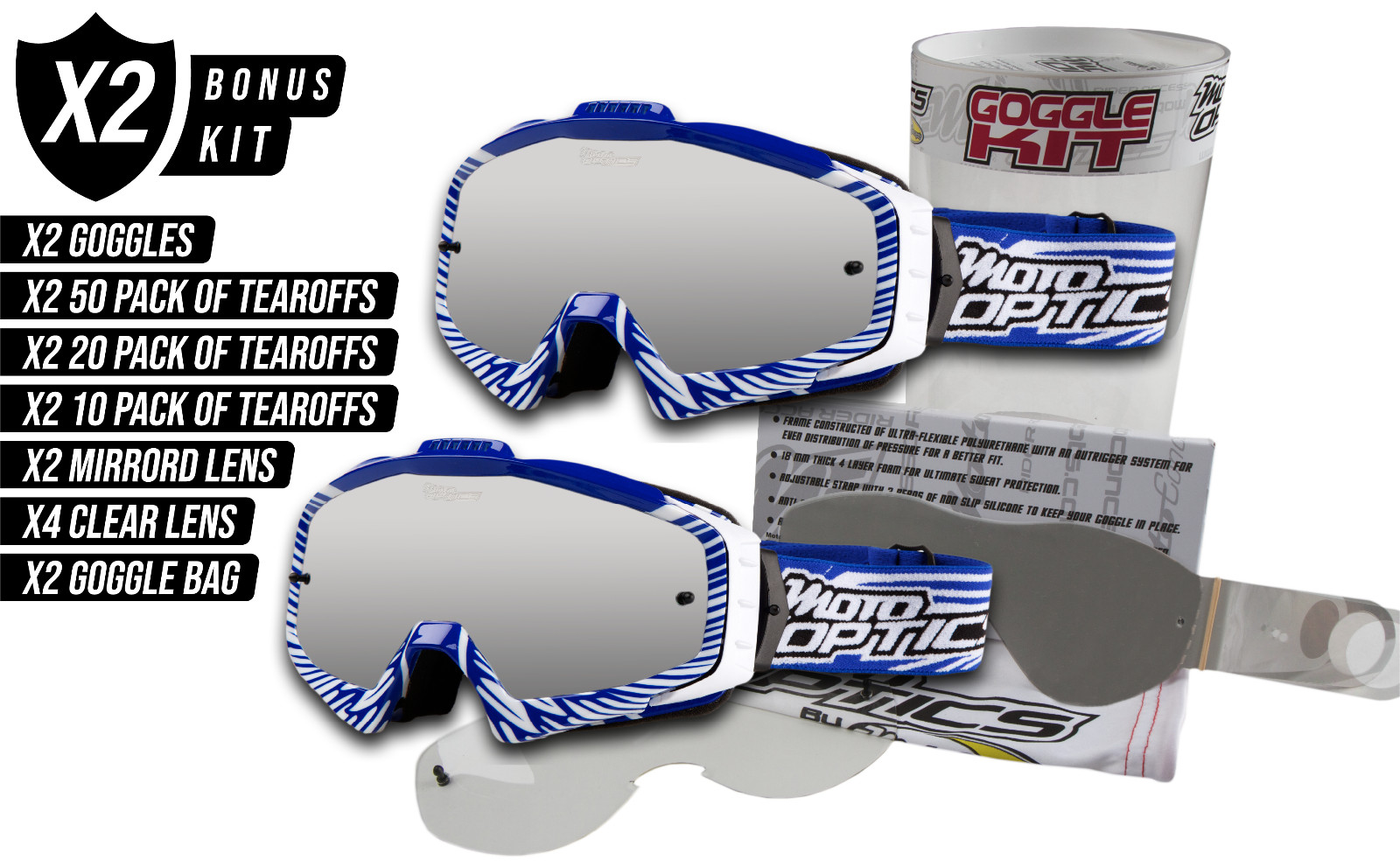 Motocross Goggle Pack  (2 Goggles, 160 Tearoffs + EXTRAS) MX/ATV/UTV Dirt Bike