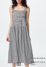 Uniqlo Women Black/White Gingham Shirring Midi textured dress M halter