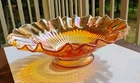 Carnival Glass Fenton Iridescent Strippled Rays Pedestal Bowl 10" Marigold