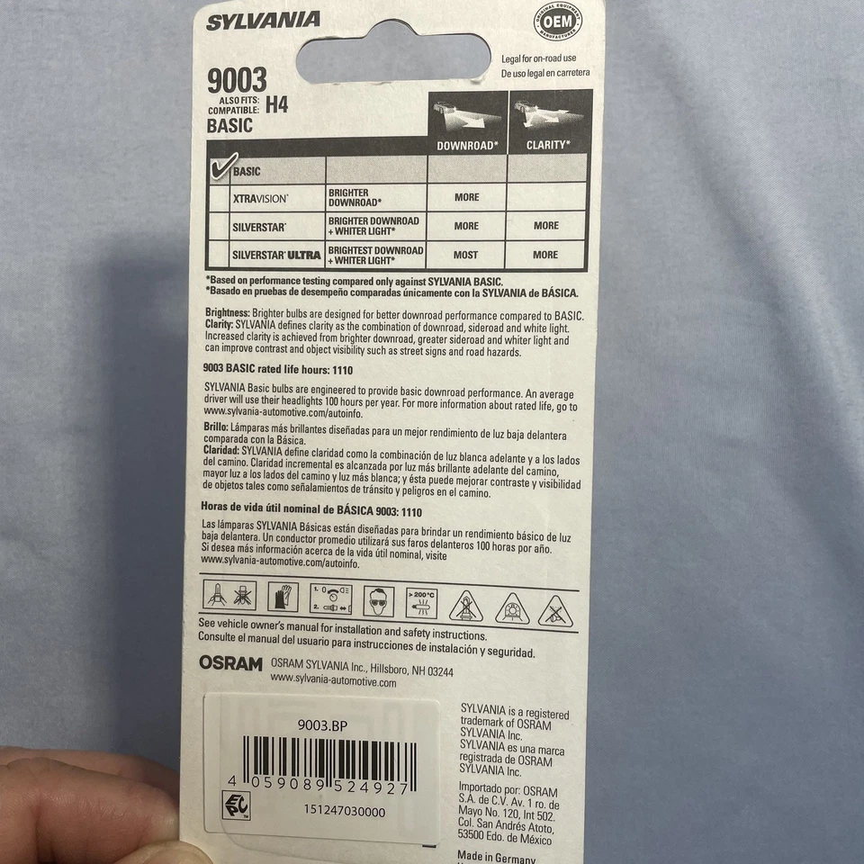 车头灯灯泡-Sylvania 9003/H4。 卤素。 12.8V. 60W 银色 — 第 2/4 张图片