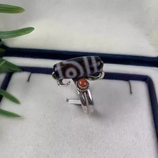 Nepal Inlay Dzi Bead Ring Silver Plated Ethnic Adjustable Open Band Unisex