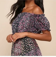 Lulus Neva Navy Blue Floral Print Off The Shoulder Maxi Dress Size XS fairycore