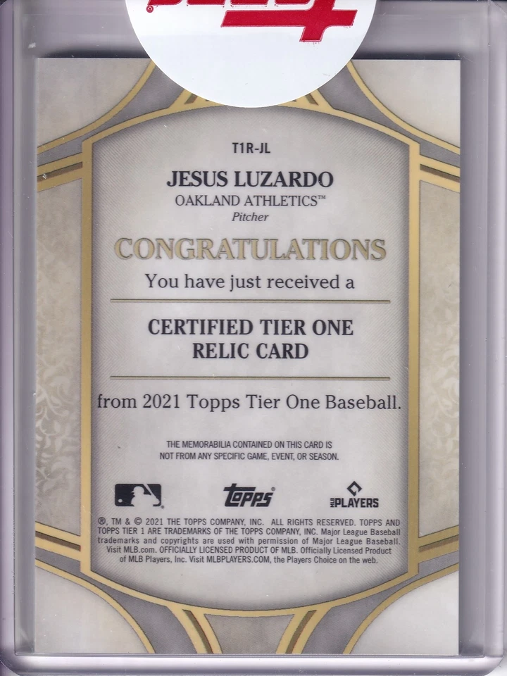 2021 Topps Tier One - Tier One Relics Jesus Luzardo #T1R-JL /399 (MEM) A's - Image 2 of 2