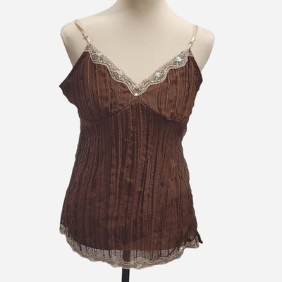 NWT No Boundaries Juniors Large Brown cami top with beaded details and lace trim